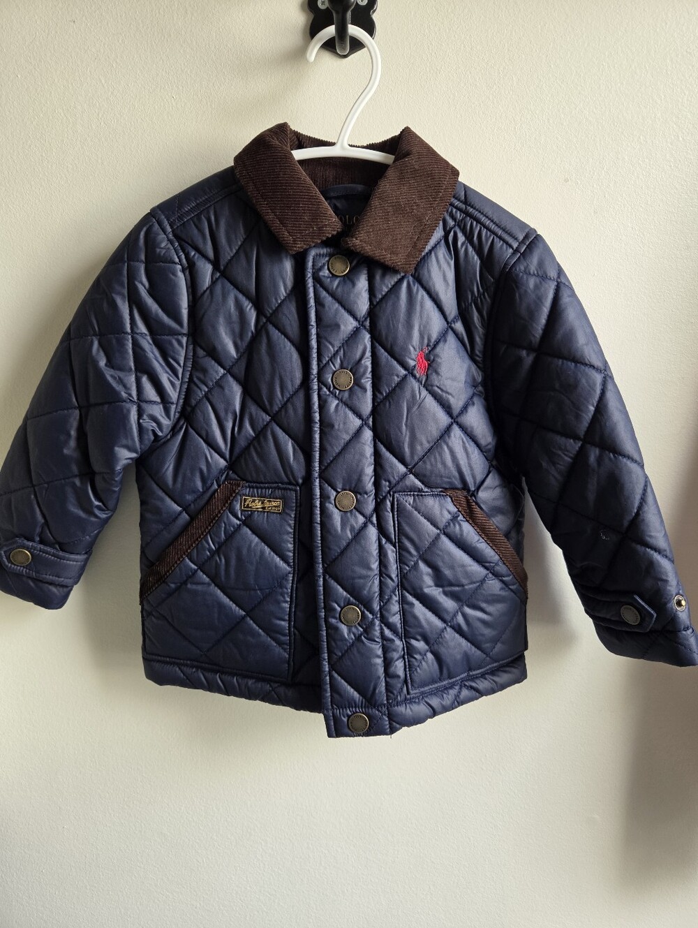 Ralph Lauren Navy Quilted Puffer Jacket with Brown Corduroy Collar